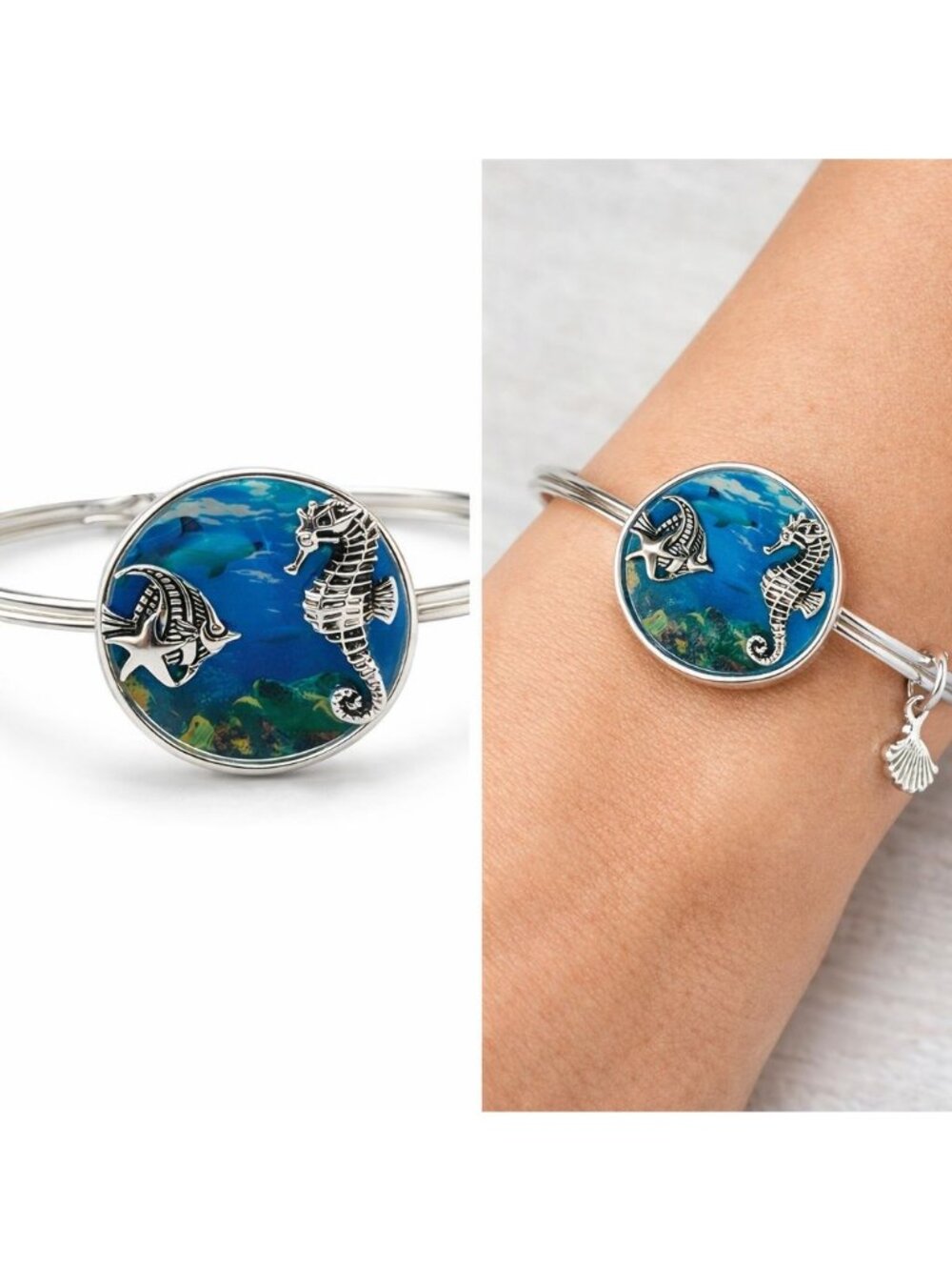 Silvertone Sea Life Bangle Bracelet Starfish Seahorse Ocean Beach Coastal Charm